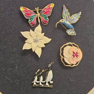 Vintage Enamel Brooches Flowers Butterfly Birds Gold Tone Lot of 5